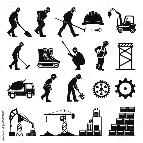 Labor Day construction workers and tools black and white icons industry building