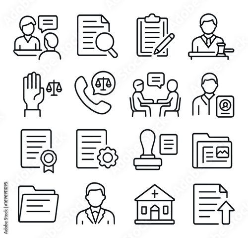 Legal processes linear icon set. featuring lawyer, contract, court, scales, folder, interview, certificate symbols