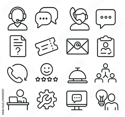 Communication linear icon set. featuring headset, chat, email, phone, customer service, and feedback symbols