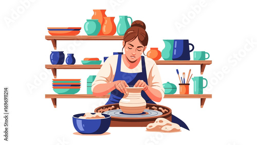 The Pottery Artist: An artist, in the midst of a creative project, meticulously shaping a clay pot on a pottery wheel in her studio. The setting highlights artistry and artistic craft.