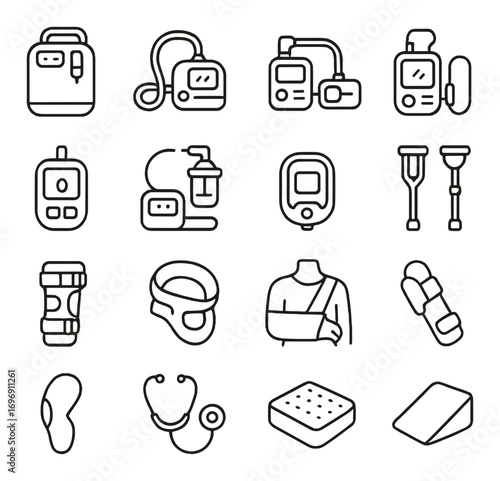 Medical equipment linear icon set. featuring iv bag, syringe, blood pressure monitor, inhaler, thermometer, and stethoscope.