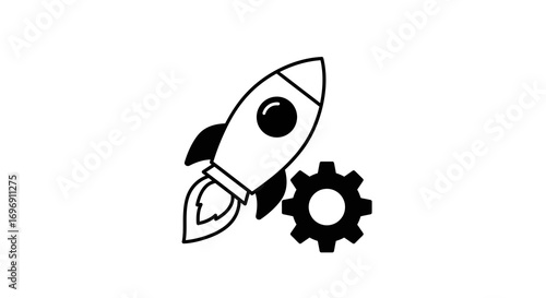 Sleek black and white rocket with gear icon on white background