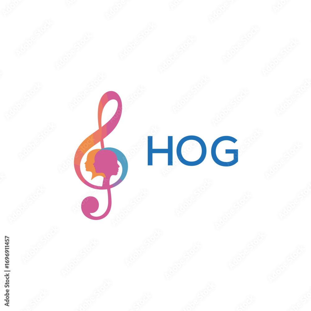 Fototapeta premium HOG “Colorful music logo with human faces and treble clef design” HOG Later Logo, “Creative music academy logo with silhouette heads and notes”HOG music, logo, HOG abstract, creative, HOG colorful,