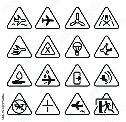 Airport safety linear icon set. featuring airplane, propeller, parachute, water landing, and emergency exit symbols
