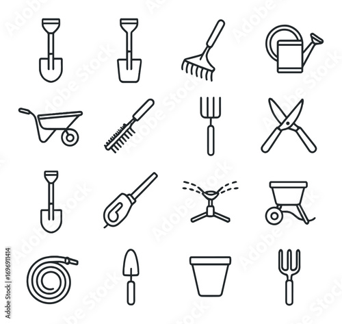 Gardening tools linear icon set. featuring shovel, rake, watering can, wheelbarrow, hoe, pruner, hose, pot, fork