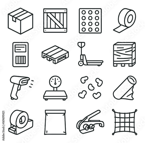 Logistics and packaging linear icon set. featuring box, pallet, shipping, barcode, and tape symbols