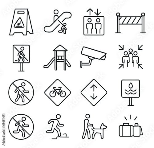 Park and safety linear icons set. featuring slide, cctv, walkway, playground, pet, and luggage symbols