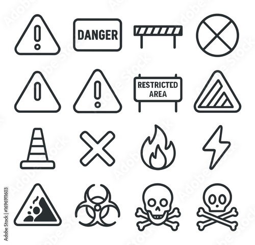 Safety warning linear icons set. featuring danger, fire, biohazard, skull, and restricted area symbols