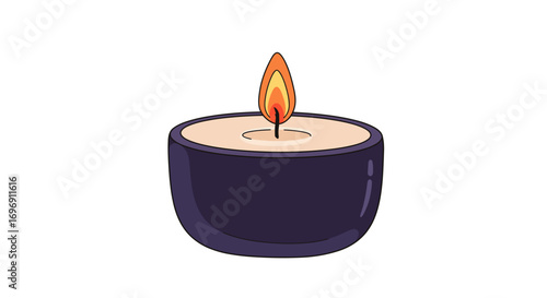 Minimalist candle with flame in black holder on white background