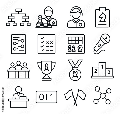 Strategy and competition linear icon set. featuring chess, checklist, podium, microphone, and teamwork symbols