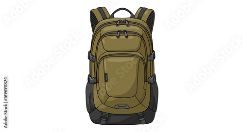 Detailed backpack design with multiple compartments for outdoor adventures