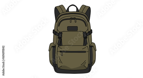 Detailed backpack design in flat style with multiple pockets and straps