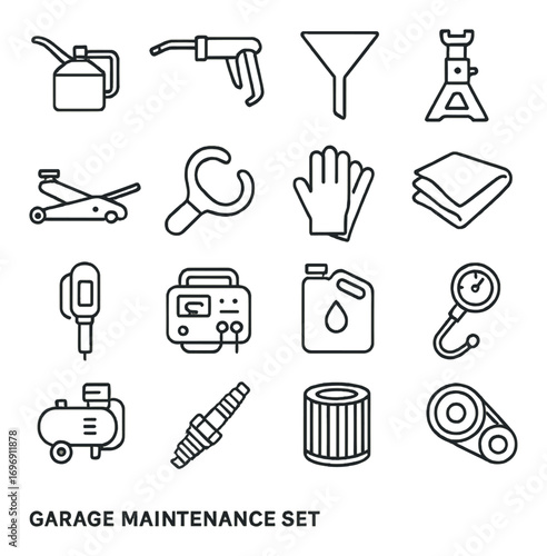 Garage maintenance linear icon set. featuring oil can, drill, funnel, jack, wrench, gloves, and gauge tools