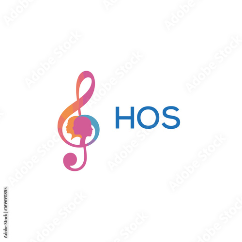 HOS “Colorful music logo with human faces and treble clef design” HOS Later Logo, “Creative music academy logo with silhouette heads and notes” 
