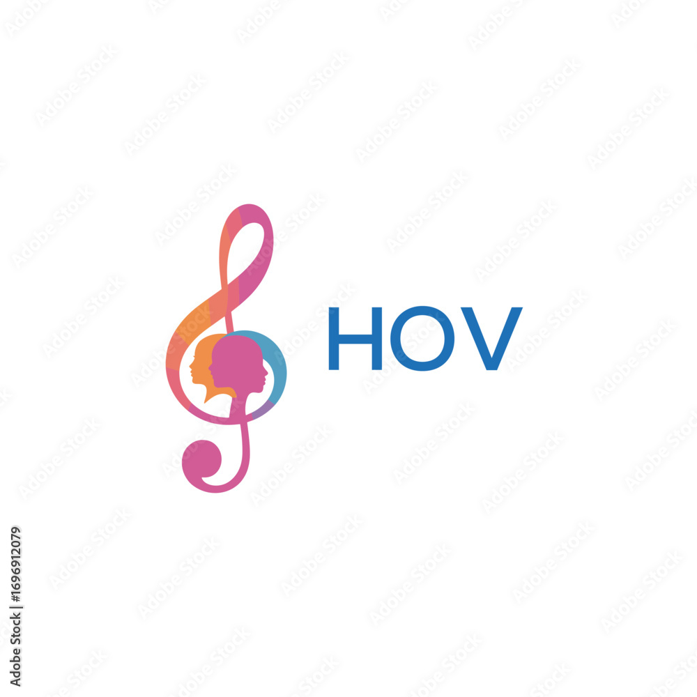 Naklejka premium HOV “Colorful music logo with human faces and treble clef design” HOV Later Logo, “Creative music academy logo with silhouette heads and notes” 