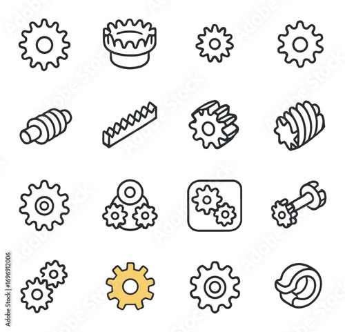 Mechanical engineering linear icon set. featuring gear, cog, wheel, tooth, machinery, bolt, screw, gearshift