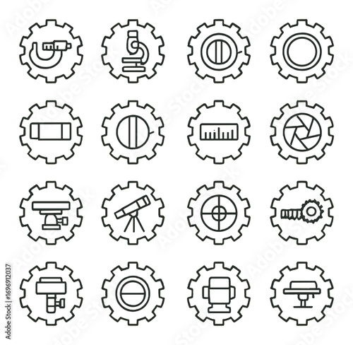 Engineering tools linear icon set. featuring micrometer, microscope, ruler, gears, and telescope symbols