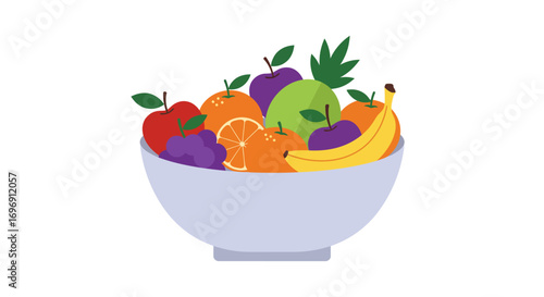 Colorful fruit bowl with apples, oranges, bananas, and grapes in flat design