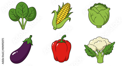 Colorful cartoon vegetables set with spinach, corn, cabbage, eggplant, bell pepper, and cauliflower