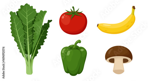Colorful assortment of fresh vegetables and fruits in flat design