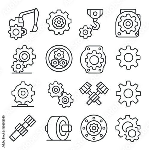 Industrial machinery linear icon set. featuring excavator, gears, hook, engine, shaft, and bearings symbols