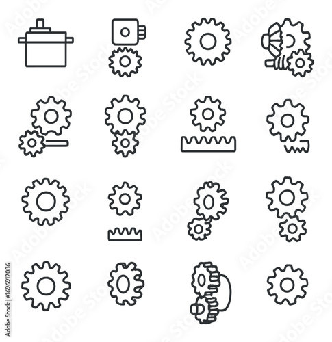 Mechanical linear icons set. featuring gear, cog, piston, engine, and machine symbols.
