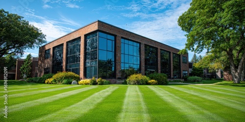 A modern brick building with large, reflective blue windows stands beside a perfectly manicured lawn. The grass is mown in neat stripes, creating a striking visual contrast with.