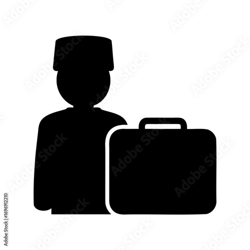 Silhouette of a hotel bellhop with his luggage in black and white