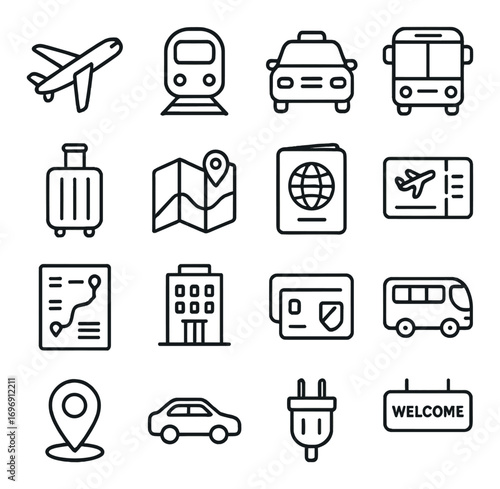 Travel and transportation linear icon set. featuring airplane, train, taxi, bus, suitcase, and map symbols