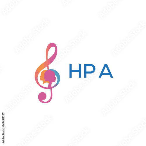 HPA “Colorful music logo with human faces and treble clef design” HPA Later Logo, “Creative music academy logo with silhouette heads and notes” 
