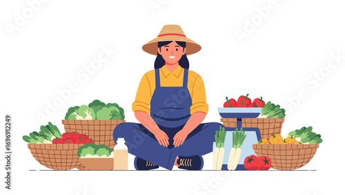 Farm Fresh Delights: A smiling farmer, surrounded by baskets overflowing with fresh, colorful produce, embodies the essence of a bountiful harvest.
