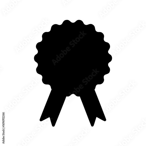 Black silhouette of a rosette award with ribbons on a white background