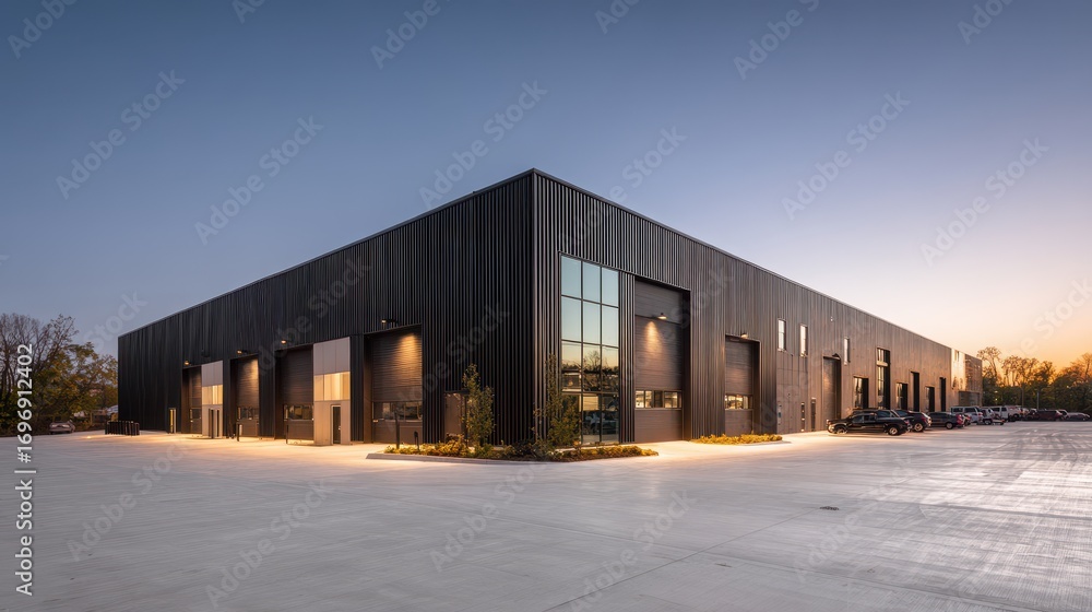 Obraz premium A modern, dark corrugated metal warehouse with multiple large roll-up doors and expansive windows dominates the scene. It is situated on a vast, reflective concrete expanse under a.