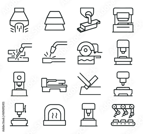 Industrial silhouette icon set. featuring welding, cutting, milling, drilling, forging, bending, and cnc machinery