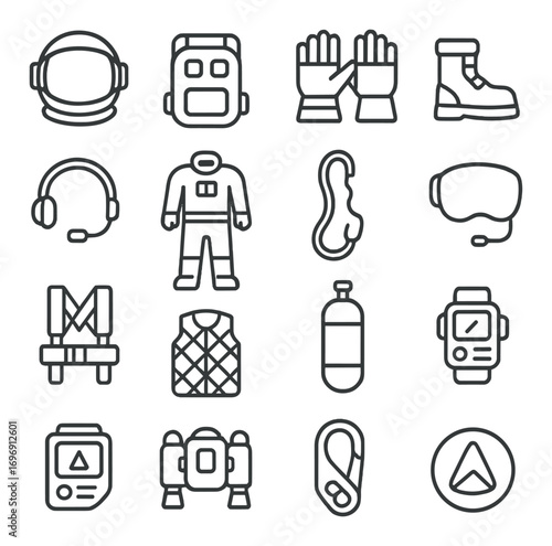 Space exploration linear icon set. featuring astronaut helmet, backpack, gloves, boots, headset, suit, tether, goggles, vest, tank, smartwatch