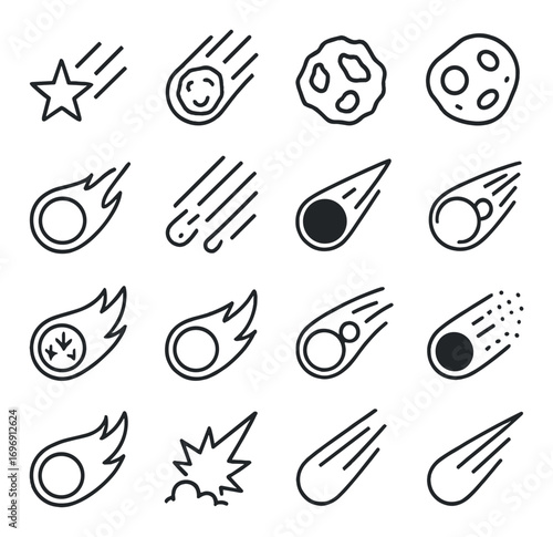 Space elements linear icon set. featuring comet, meteor, asteroid, shooting star, impact, and celestial bodies.
