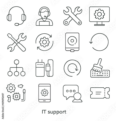It support linear icons set. featuring headset, tools, computer, smartphone, hierarchy, and gear symbols