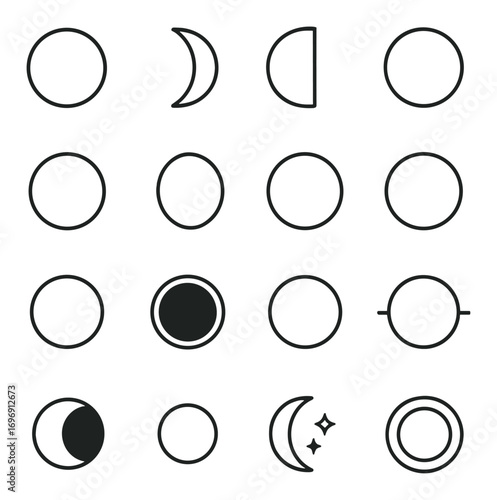 Moon phases linear icon set. featuring full moon, crescent, half moon, new moon, waxing, and waning symbols