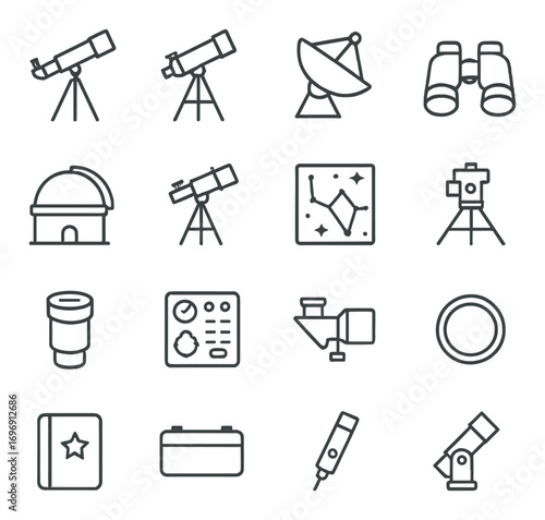 Astronomy linear icon set. featuring telescope, satellite, binoculars, observatory, constellation, and camera symbols
