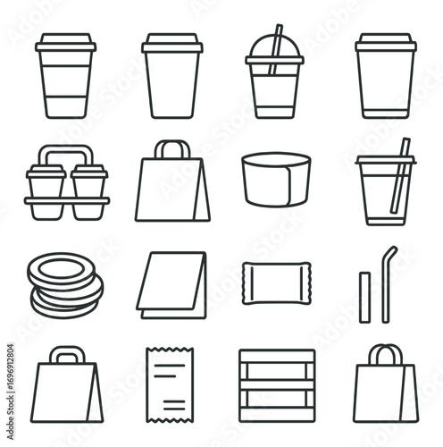 Food and drink silhouette icon set. featuring cup, straw, bag, box, receipt, and wrapper designs