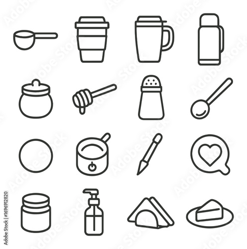 Kitchen utensils linear icon set. featuring cup, mug, thermos, jar, honey dipper, salt shaker, spoon, ladle, pot