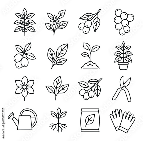 Gardening linear icon set. featuring plant, seedling, pruning shears, watering can, gloves, and leaf symbols.
