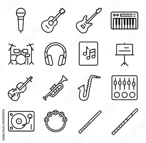 Music instruments linear icon set. featuring microphone, guitar, keyboard, drums, headphones, trumpet, saxophone