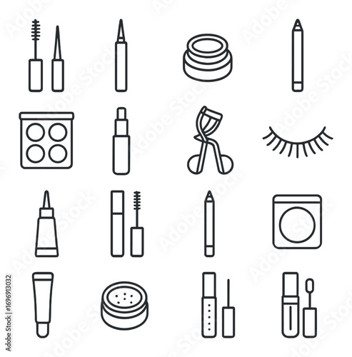 Makeup essentials linear icons set. featuring mascara, lipstick, eyeshadow, eyeliner, foundation, and blush symbols
