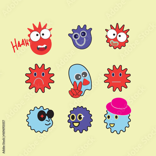 Cartoon vector illustration of colorful cute icon virus and bacteria characters