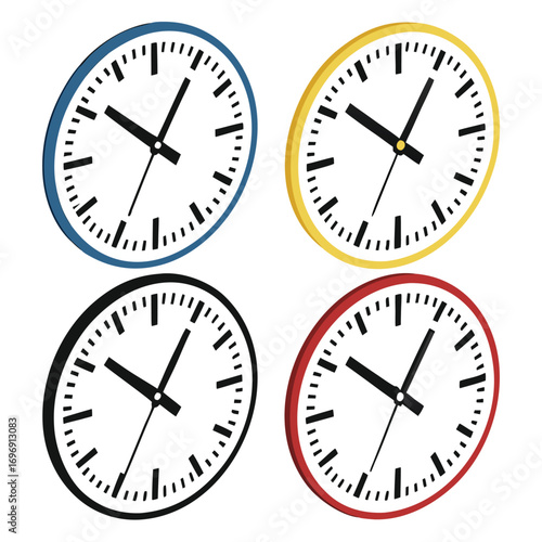 Modern collection of colorful clocks ticking away, showing time management concepts for business deadlines and productivity, isolated on white