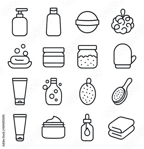 Bath essentials linear icon set. featuring soap, bottle, brush, jar, sponge, towel, and mitt symbols