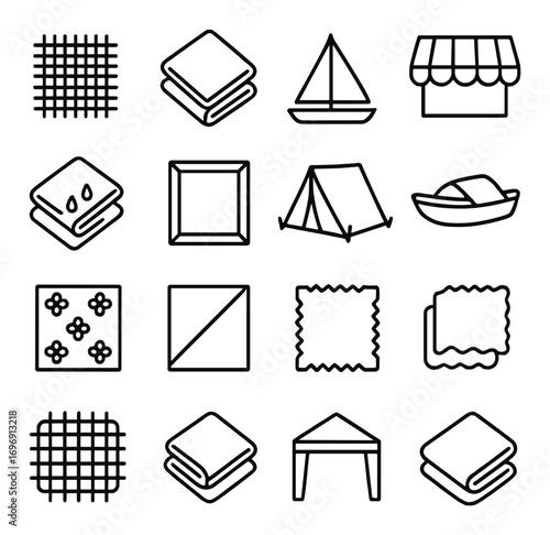 Camping essentials linear icon set. featuring tent, boat, market, grid, sail, and mat symbols