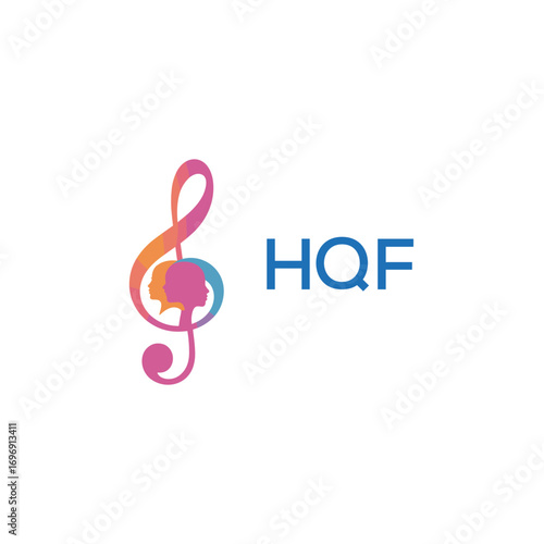 HQF “Colorful music logo with human faces and treble clef design” HQF Later Logo, “Creative music academy logo with silhouette heads and notes” 
