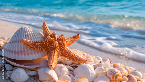 Starfish resting on seashells by the ocean waves